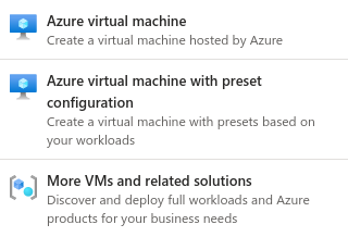 Opções de 'Create' em 'Virtual machine': 'Azure virtual machine', 'Azure virtual machine with preset configuration', 'More VMs and related solutions'.